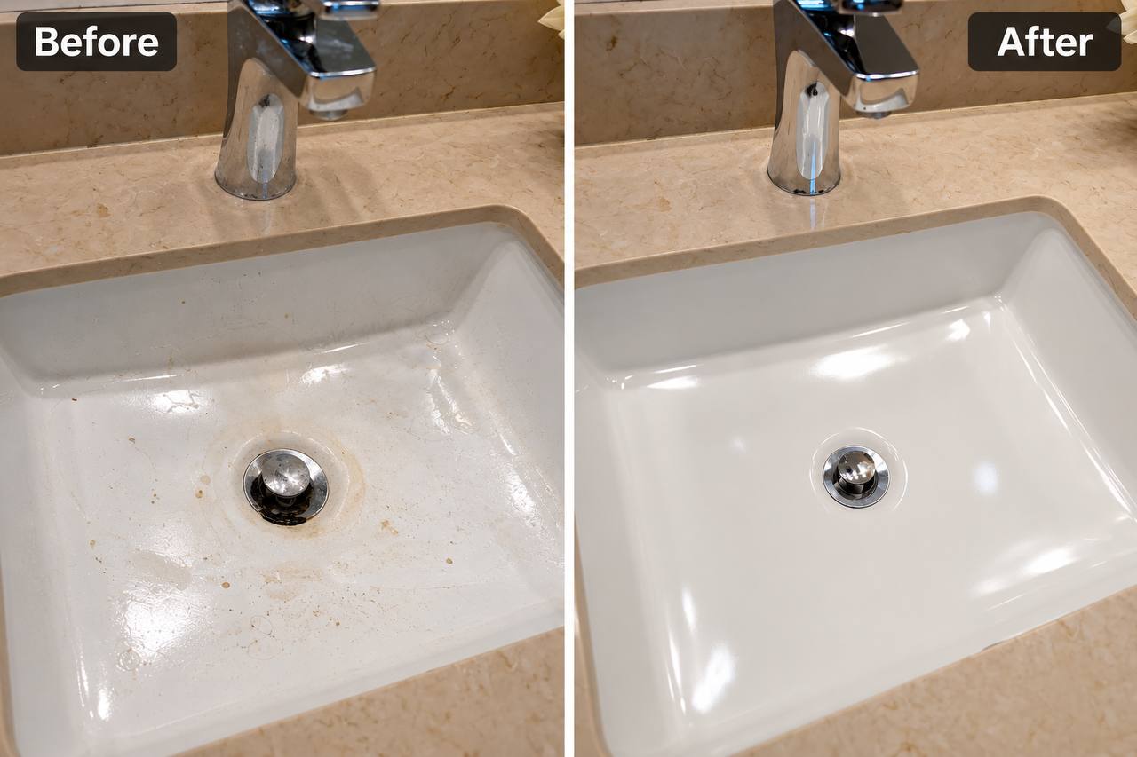 Before and after cleaning an undermount bathroom sink — rust-coloured staining around the drain on the left, clean white basin on the right