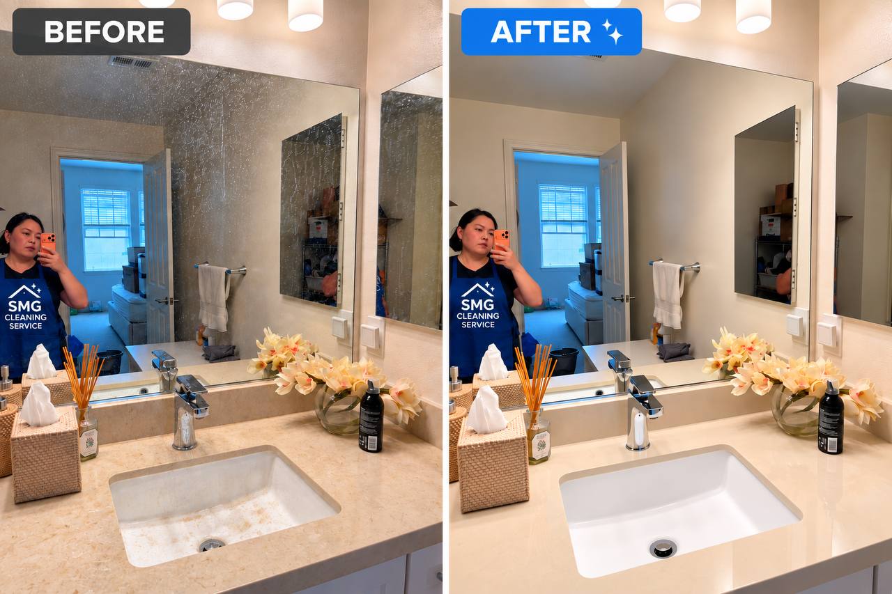 An SMG cleaner photographed in a bathroom vanity mirror before and after cleaning — water spotting across the glass on the left, a clear streak-free mirror and wiped counter on the right