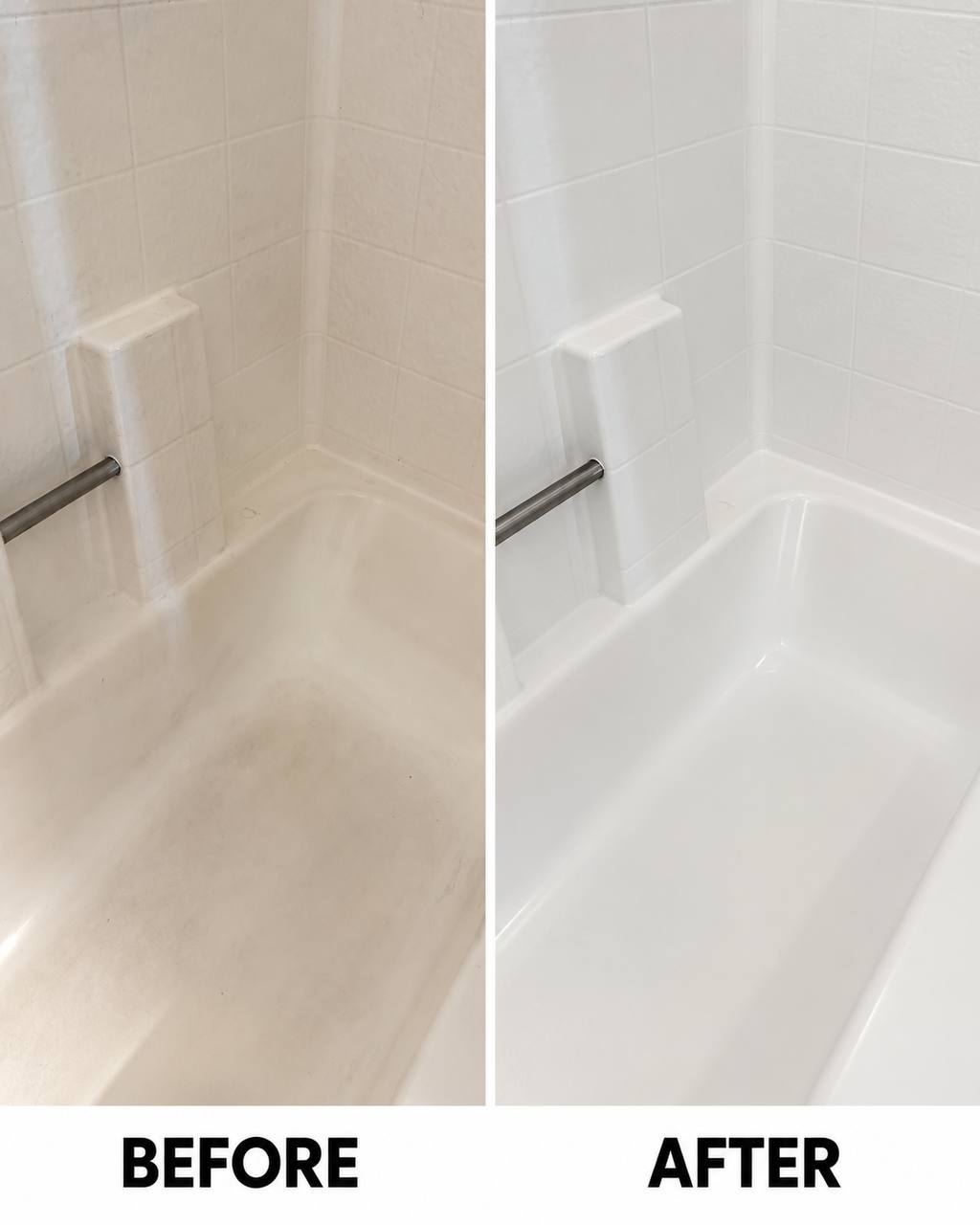 Before and after cleaning a bathtub and tiled surround — soap scum and staining on the left, white gloss tub and grout on the right