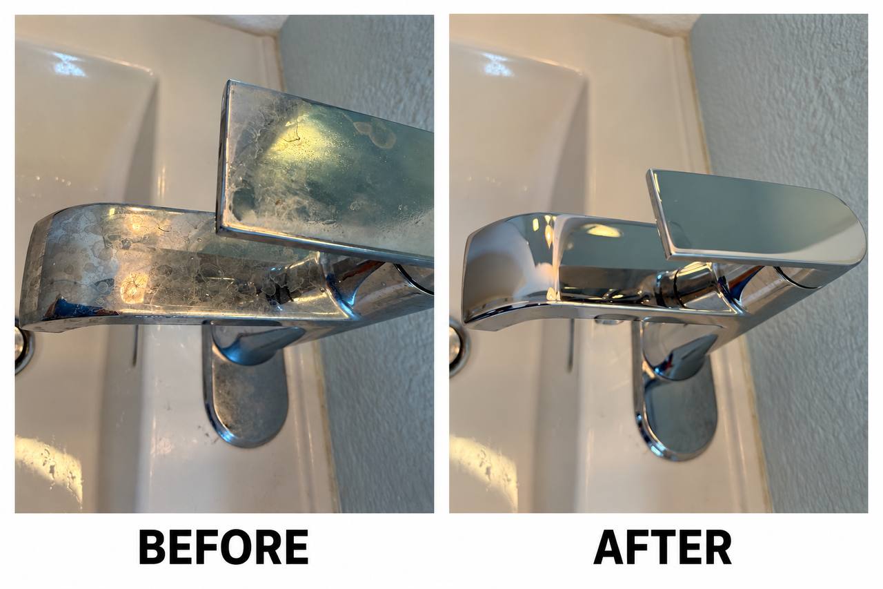 Before and after descaling a chrome bathroom faucet — limescale clouding the spout on the left, polished mirror chrome on the right