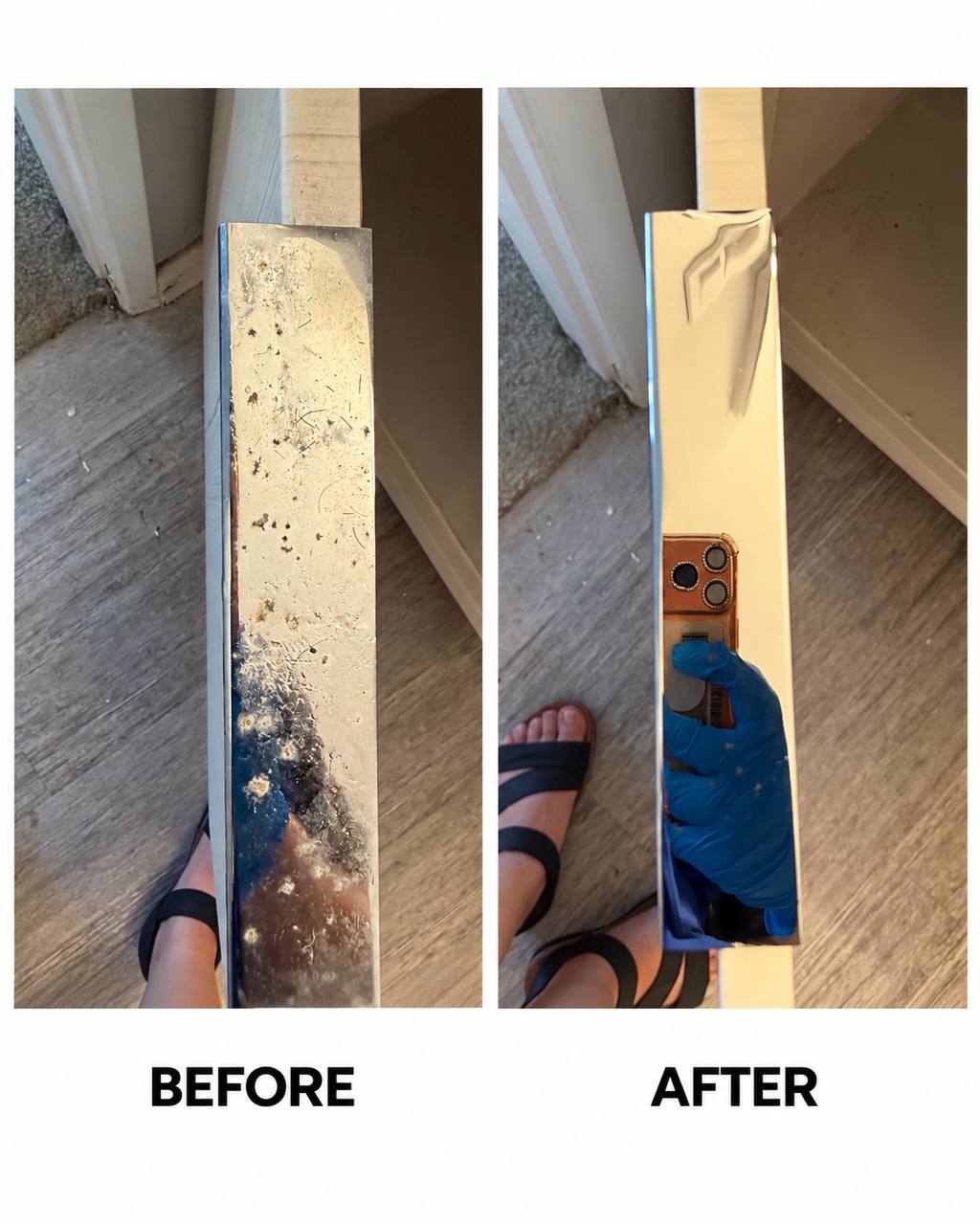 Before and after cleaning a metal door threshold strip — spotted and dulled metal on the left, polished reflective strip on the right