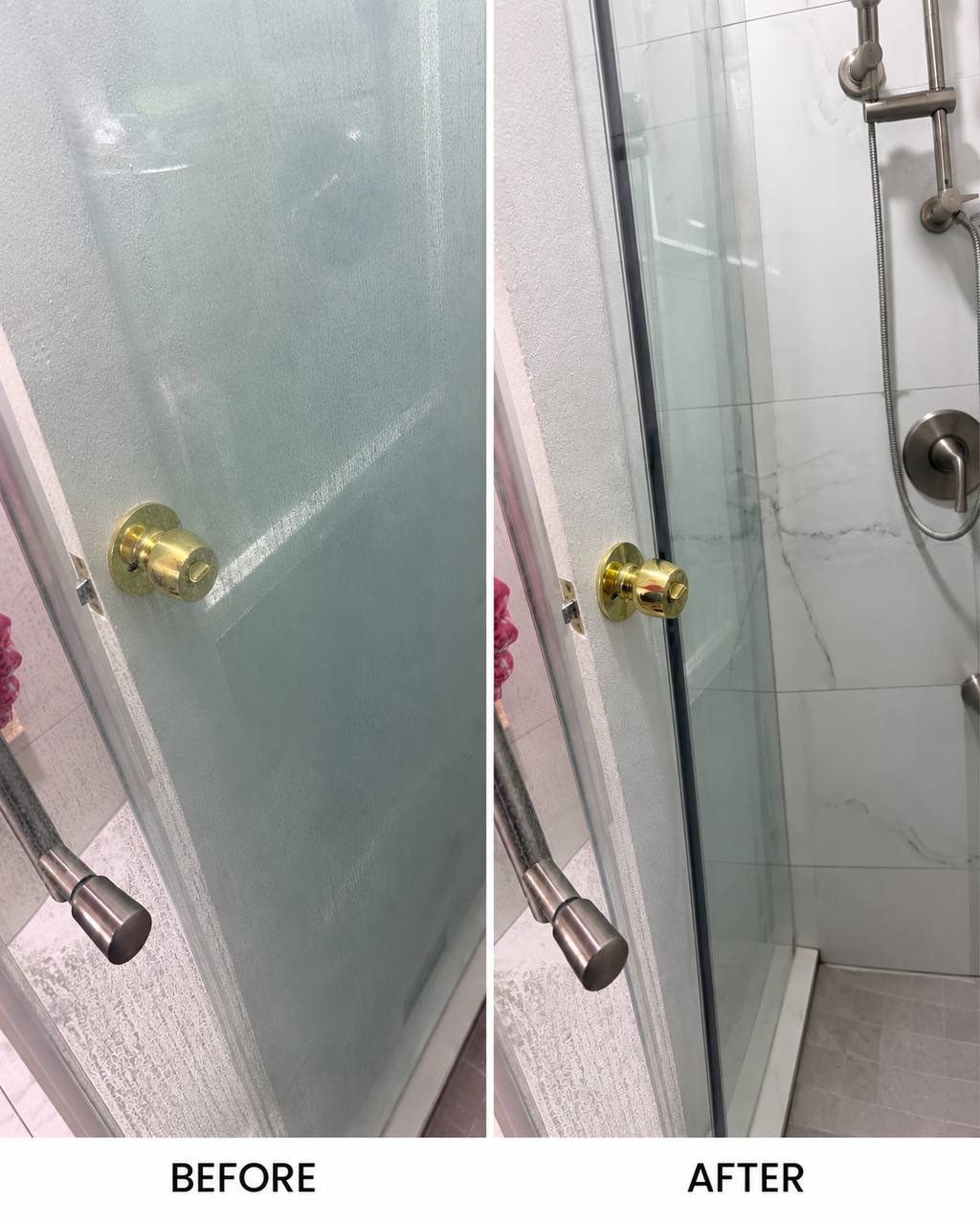 Before and after removing hard water film from a glass shower door — clouded glass on the left, clear glass showing the marble tile behind it on the right