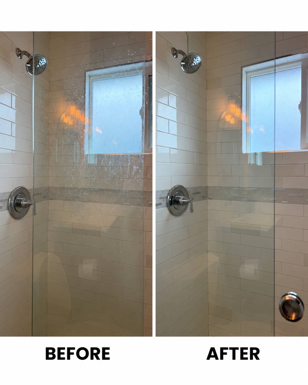 Before and after cleaning a glass shower enclosure and subway tile — water spotting across the panel on the left, clear glass and clean tile on the right