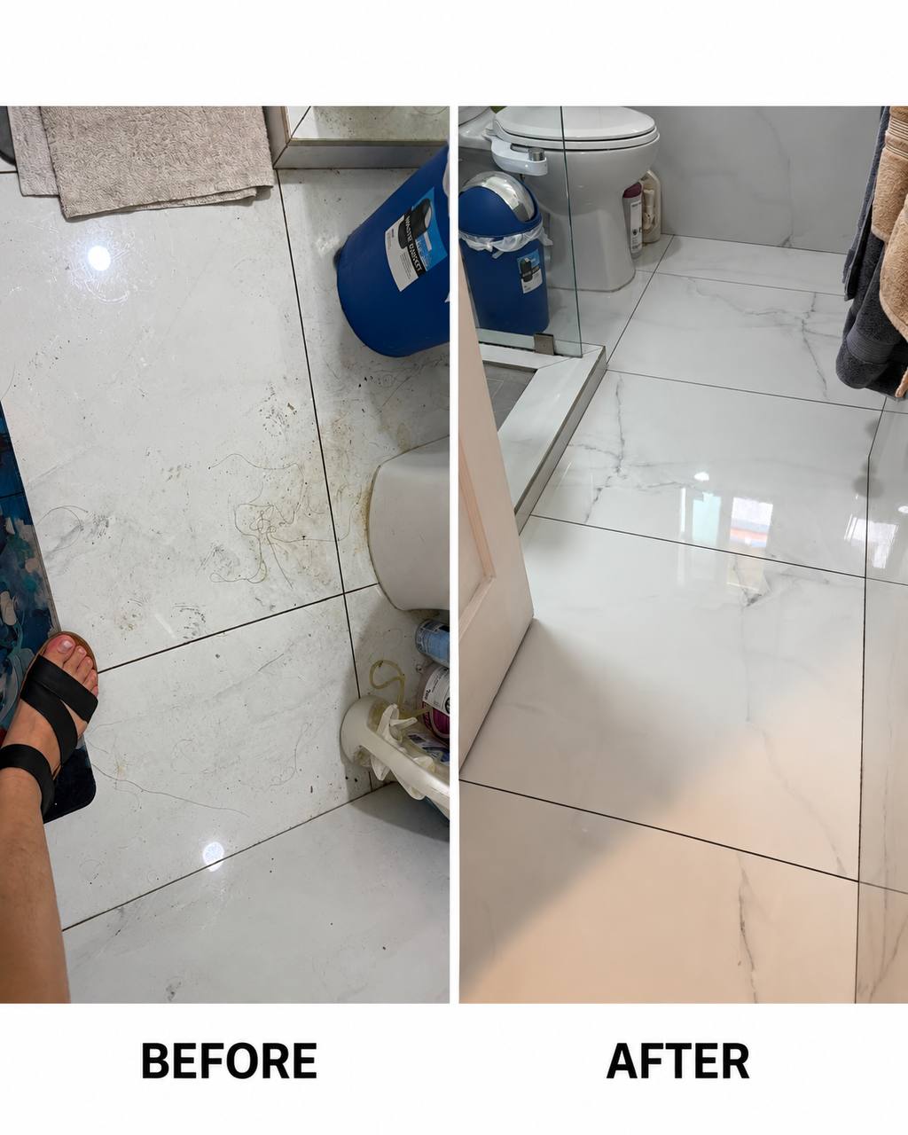 Before and after deep cleaning a marble-effect bathroom floor — hair, dust and grime along the grout lines on the left, polished floor on the right
