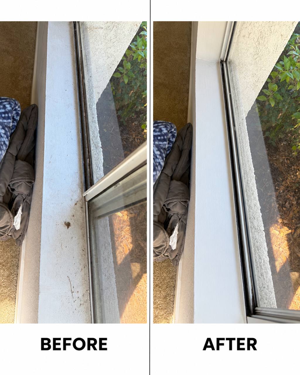 Before and after cleaning a patio sliding door track and frame — ground-in dirt along the runner on the left, clean white frame and track on the right
