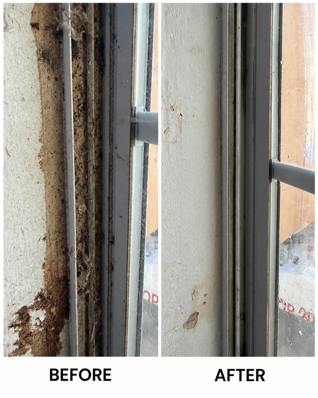 Before and after deep cleaning a sliding door track — packed dirt and debris in the channel on the left, a clear track on the right