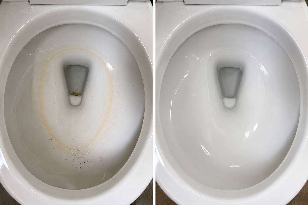 Before and after cleaning a toilet bowl with a mineral ring at the waterline — orange limescale ring on the left, clean bowl on the right