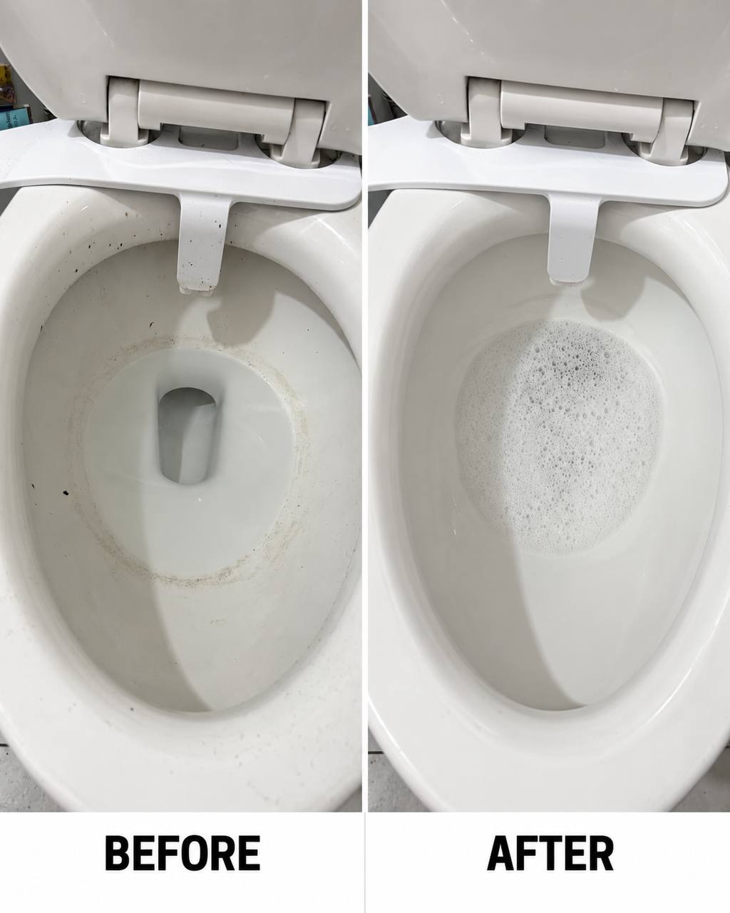 Before and after scrubbing a toilet bowl and seat hinges — staining under the rim and around the hinges on the left, sanitised white bowl on the right