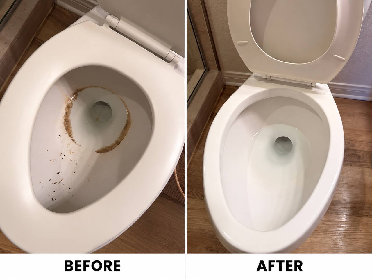 Before and after removing rust and mineral staining from a toilet bowl — heavy brown waterline ring on the left, clean white porcelain on the right