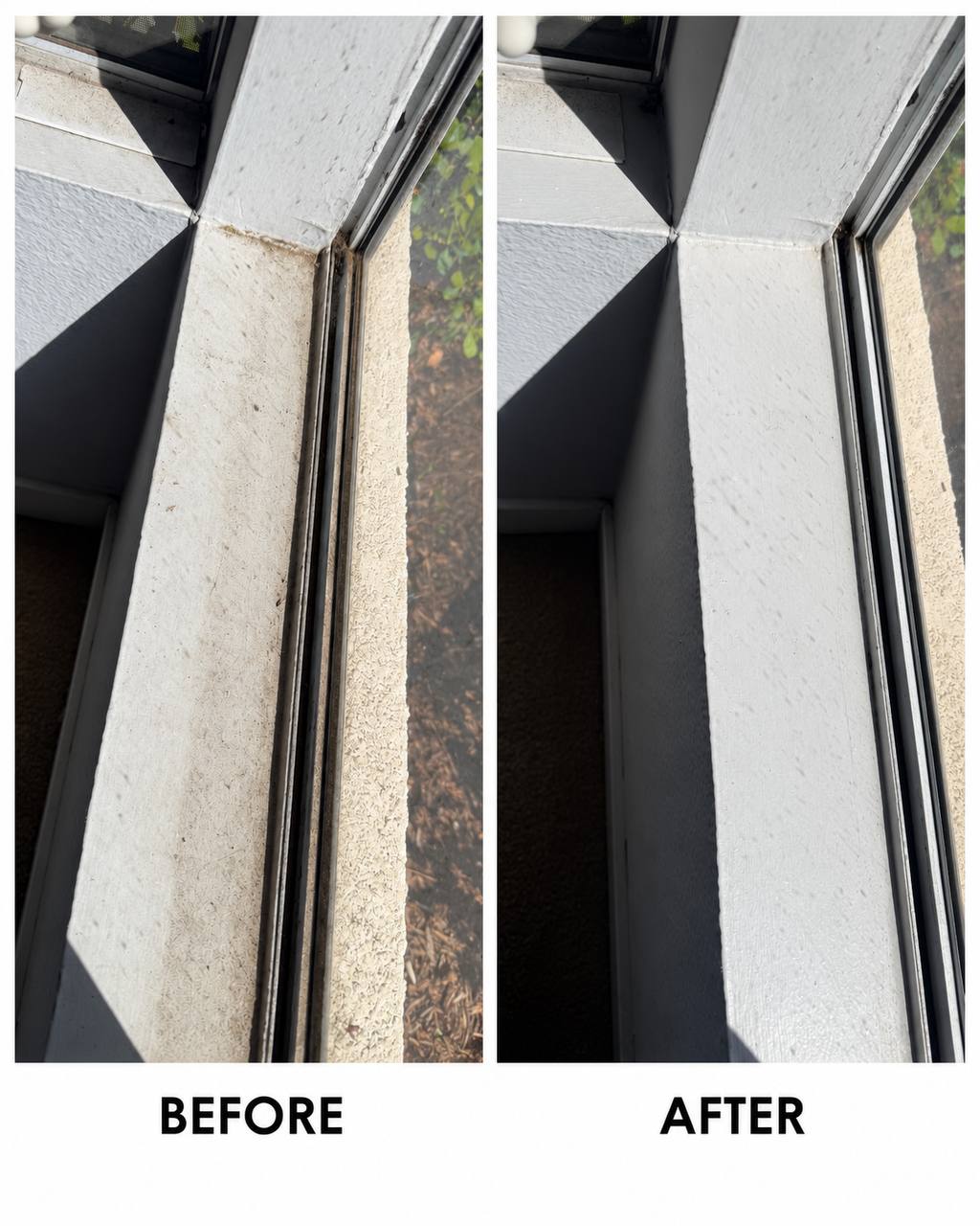 Before and after cleaning a window frame and track — dust and grit along the sill and channel on the left, clean painted frame on the right