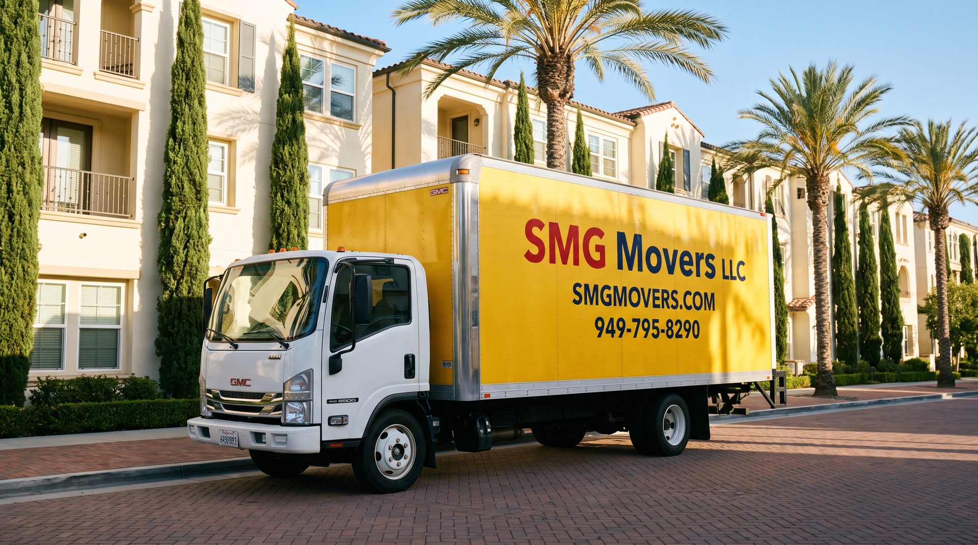 SMG Movers truck in residential community — junk removal service in Orange County